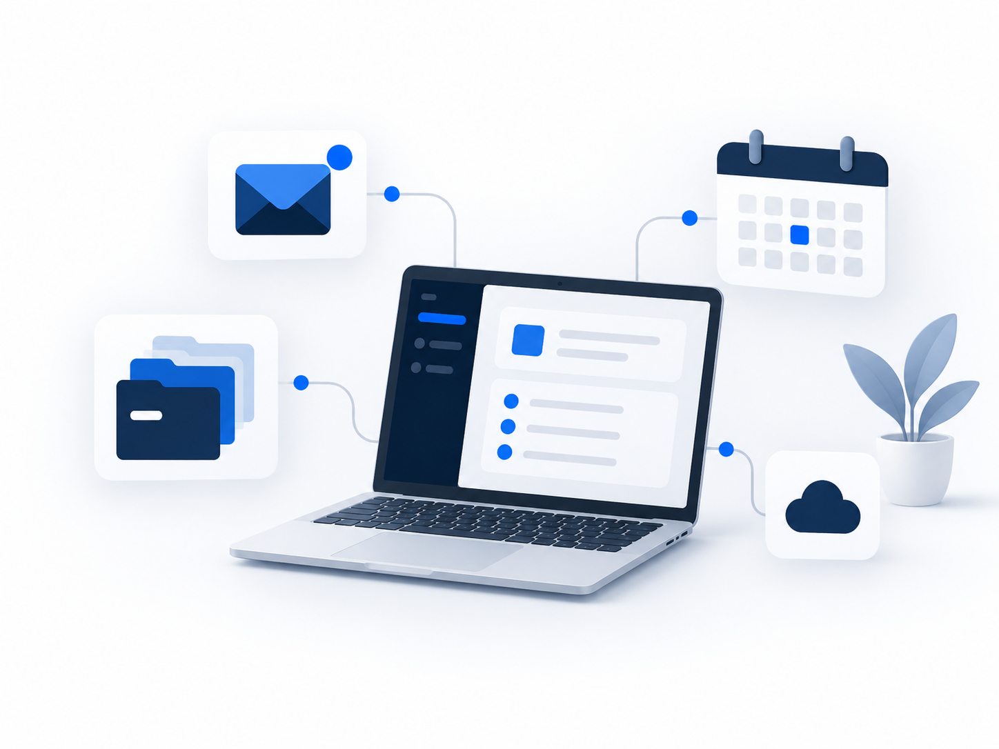Laptop mit vernetzten Anwendungen für E-Mail, Kalender, Dateien und Cloud